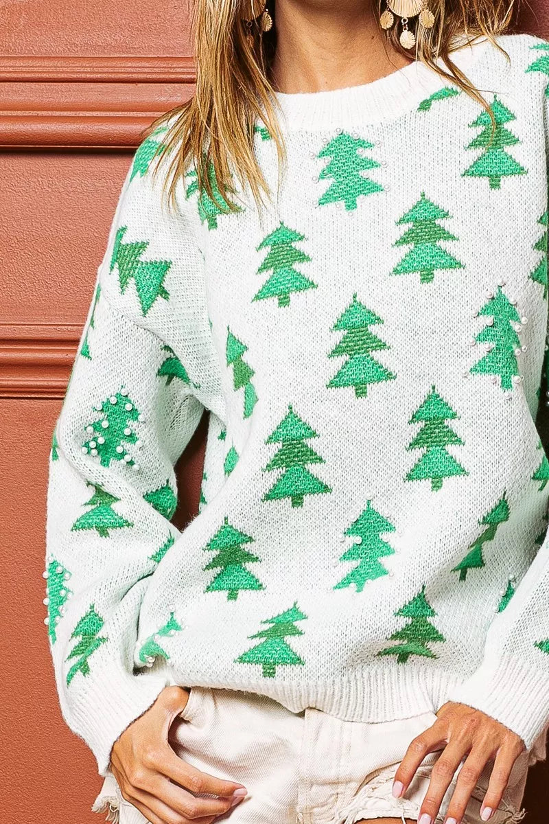 BiBi Pearl Beads Tree Pattern Christmas Sweater
