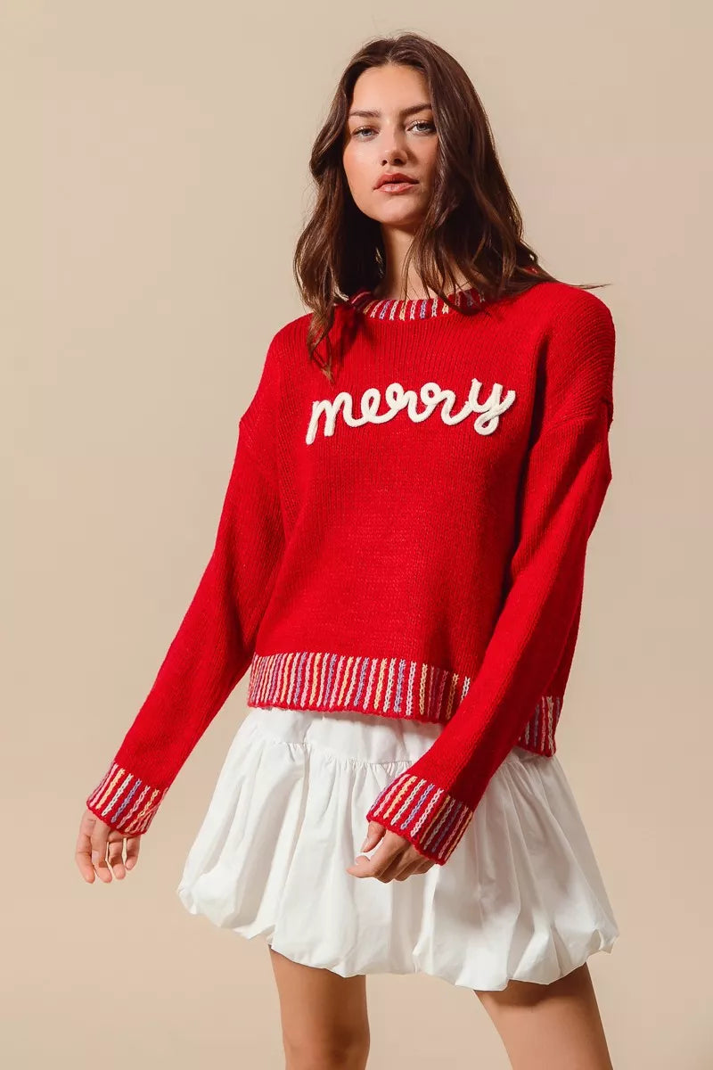 SO ME Merry Lettering Embroidered Christmas Sweater
