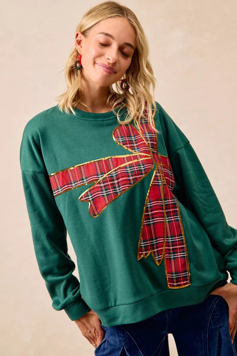BiBi Plaid Ribbon Bow Detail Christmas Fleece Pullover