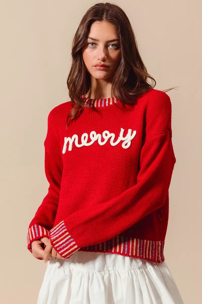 SO ME Merry Lettering Embroidered Christmas Sweater