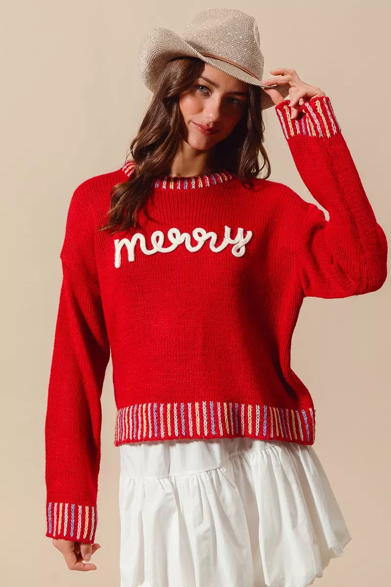 SO ME Merry Lettering Embroidered Christmas Sweater