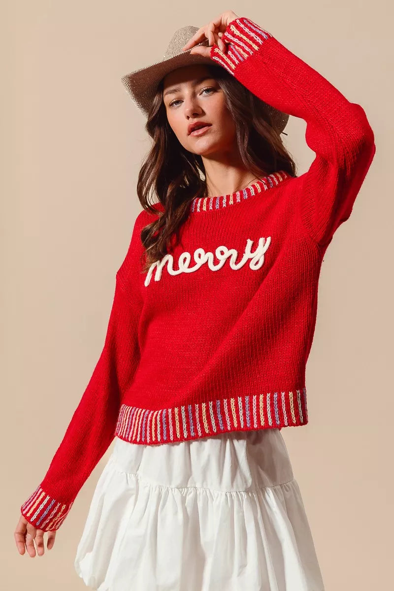 SO ME Merry Lettering Embroidered Christmas Sweater