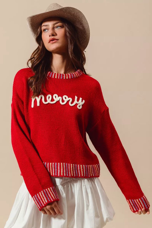 SO ME Merry Lettering Embroidered Christmas Sweater RED IVORY