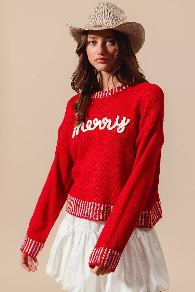 SO ME Merry Lettering Embroidered Christmas Sweater