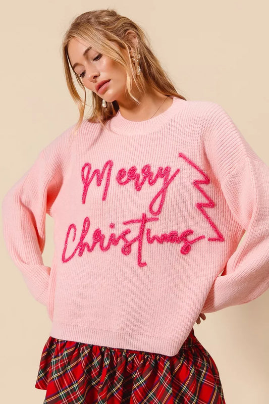 SO ME Merry Christmas Tinsel Lettering Sweater BLUSH PINK