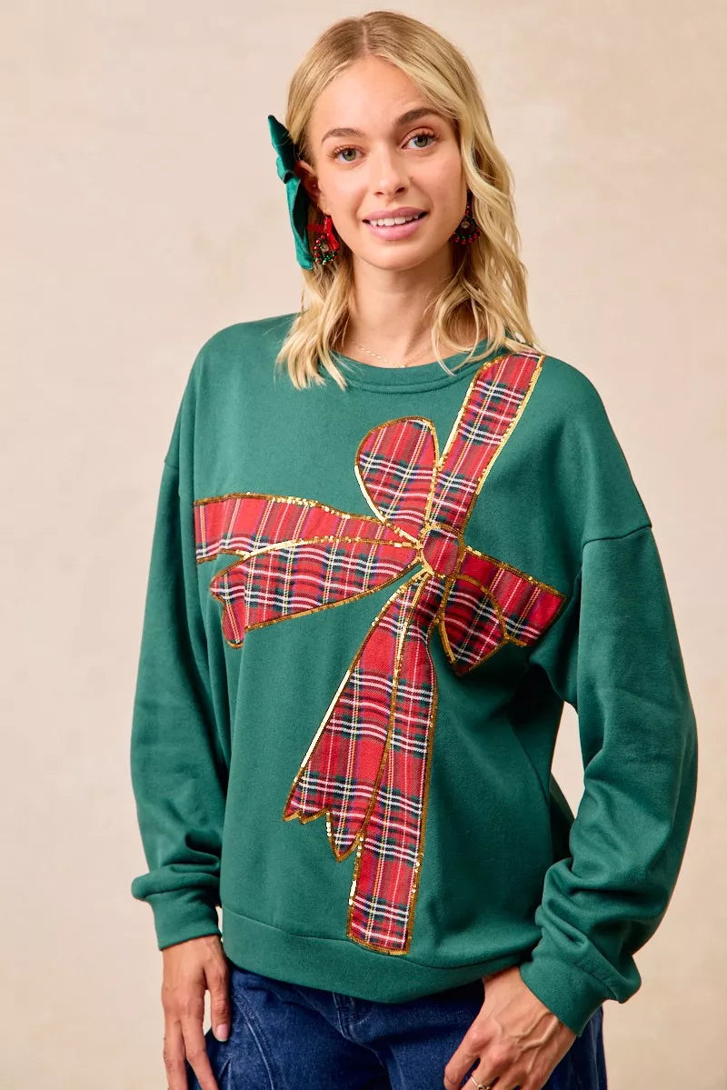 BiBi Plaid Ribbon Bow Detail Christmas Fleece Pullover GREEN RED PLAID