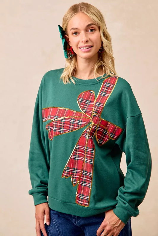 BiBi Plaid Ribbon Bow Detail Christmas Fleece Pullover GREEN RED PLAID