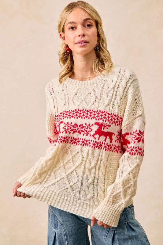 BiBi Christmas Theme Patterned Cable Knit Sweater RED