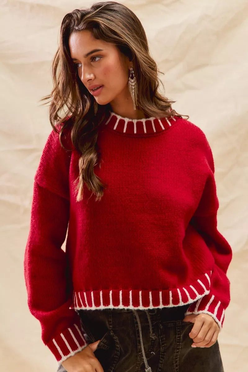 SO ME Loose Fit Christmas Holiday Sweater RED IVORY