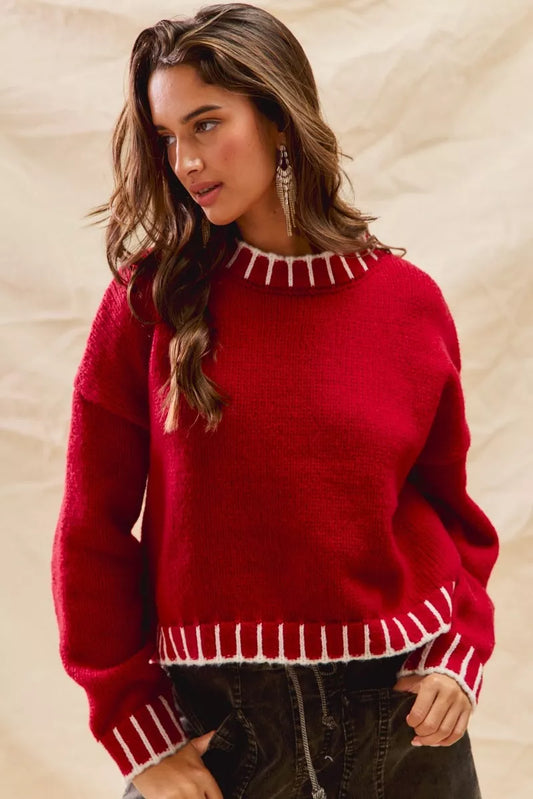 SO ME Loose Fit Christmas Holiday Sweater RED IVORY