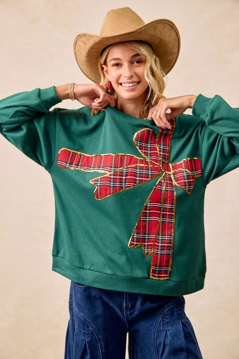 BiBi Plaid Ribbon Bow Detail Christmas Fleece Pullover